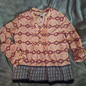 Anthropologie HD in Paris Roll Tab Sleeve Henley Top Kaveri Print Size 10